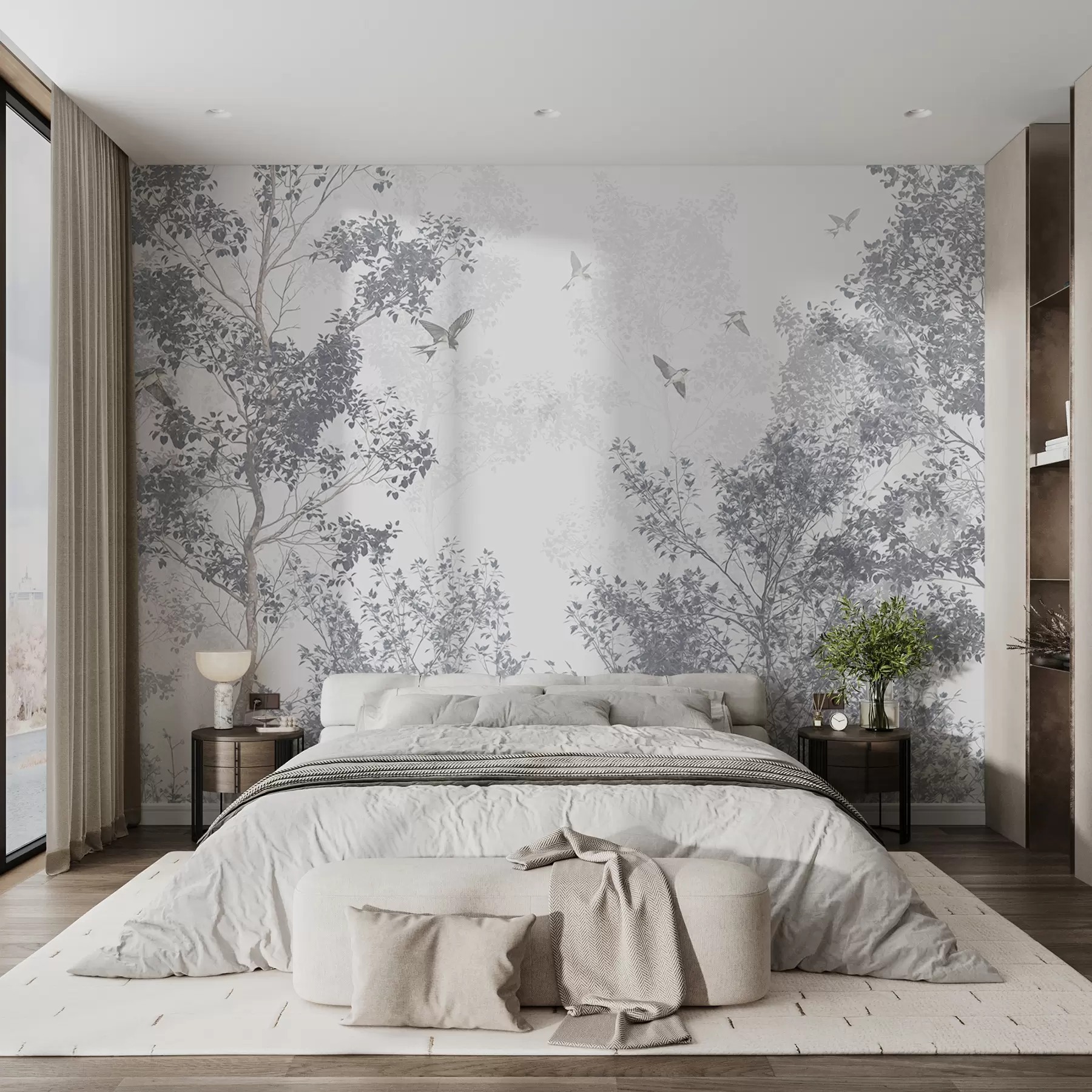 murales de pared Árboles con hojas y ramas grises con pájaros volando en el cielo, fondo blanco w07982v1