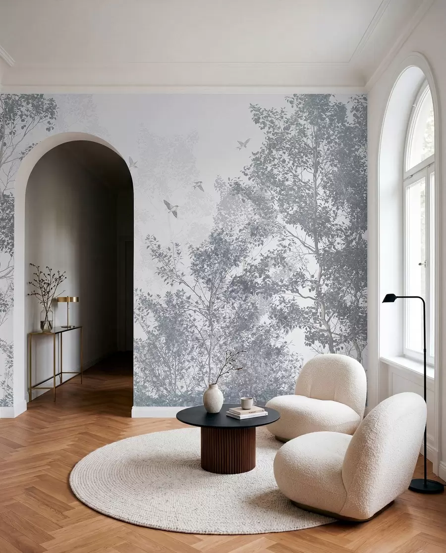 murales de pared Árboles con hojas y ramas grises con pájaros volando en el cielo, fondo blanco w07982v1