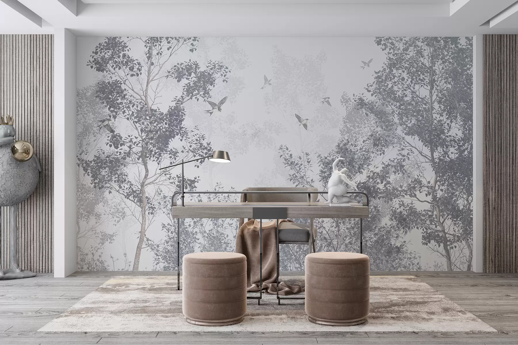 murales de pared Árboles con hojas y ramas grises con pájaros volando en el cielo, fondo blanco w07982v1