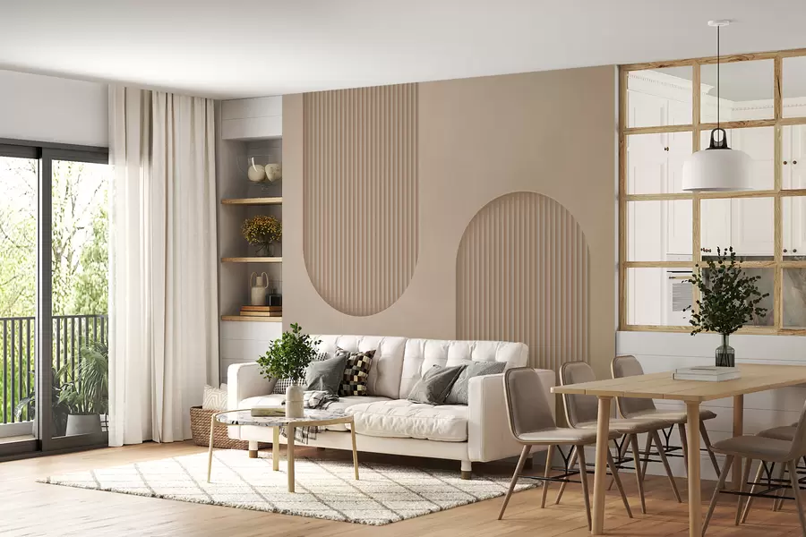 murales de pared Papel pintado texturizado Art Déco en cálidos tonos beige. Imitación de arcos volumétricos w08048