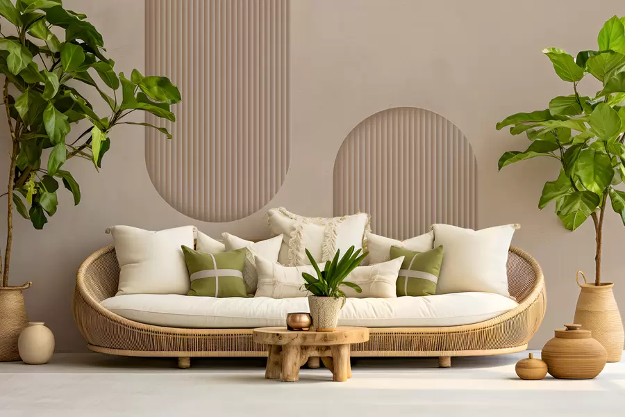 murales de pared Papel pintado texturizado Art Déco en cálidos tonos beige. Imitación de arcos volumétricos w08048