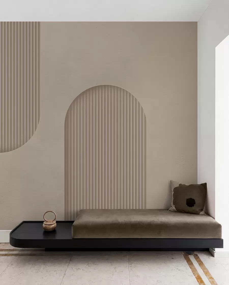 murales de pared Papel pintado texturizado Art Déco en cálidos tonos beige. Imitación de arcos volumétricos w08048