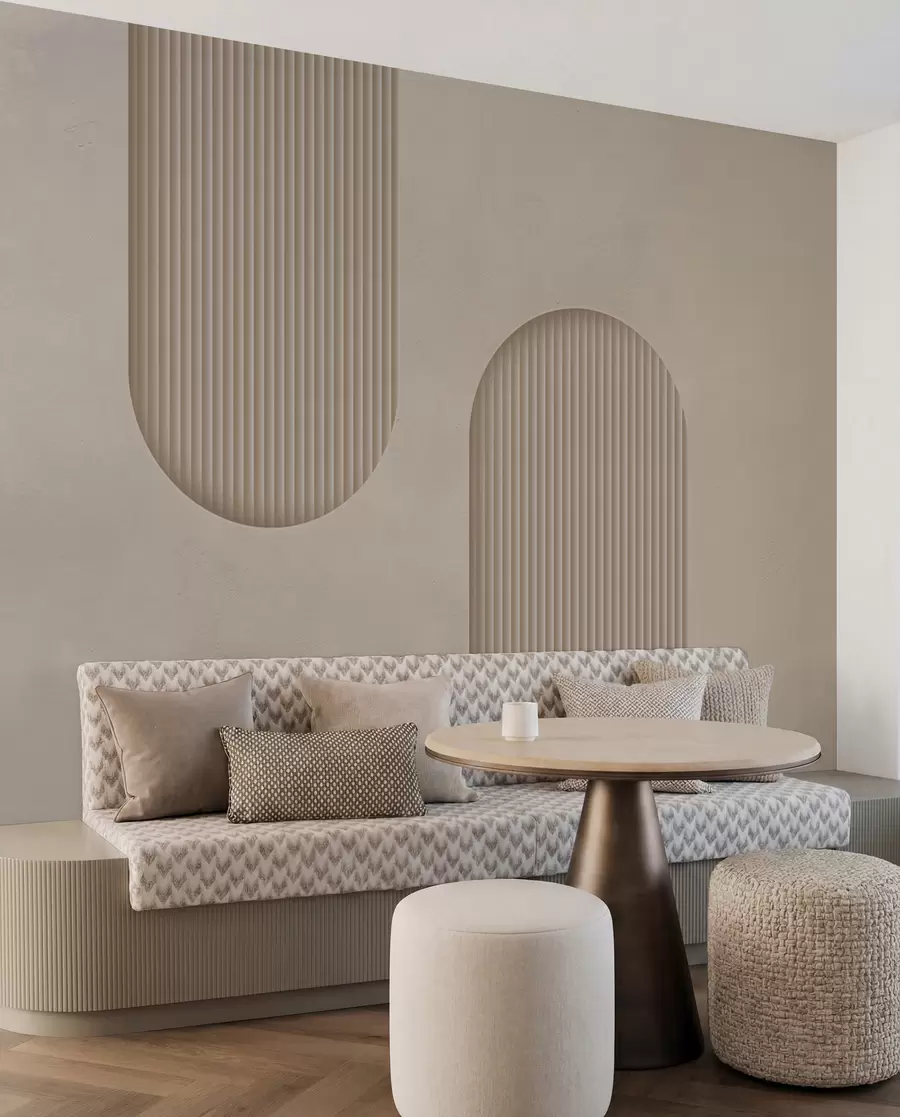 murales de pared Papel pintado texturizado Art Déco en cálidos tonos beige. Imitación de arcos volumétricos w08048