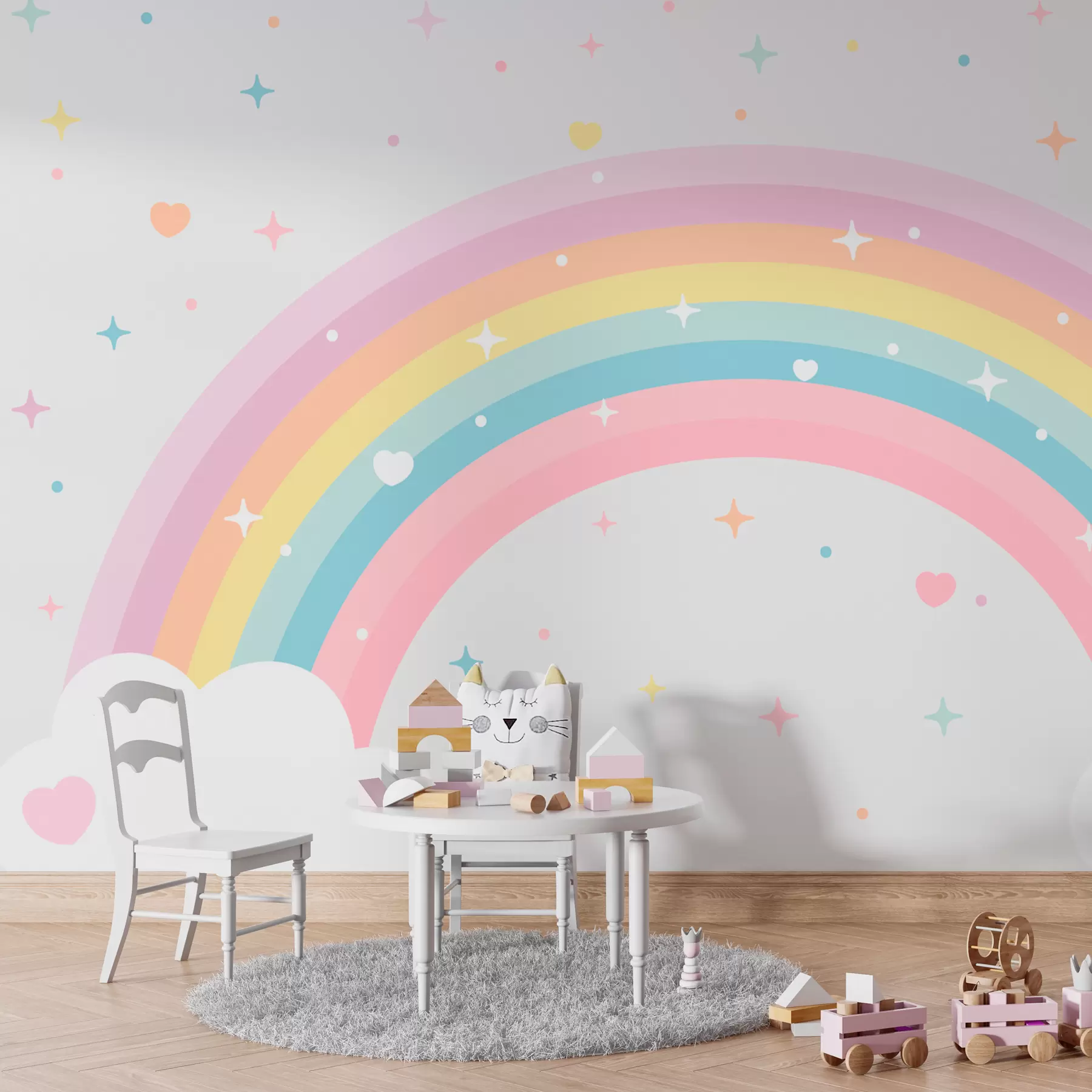 murales de pared Colorido arco iris con estrellas y corazones al estilo escandinavo w08109