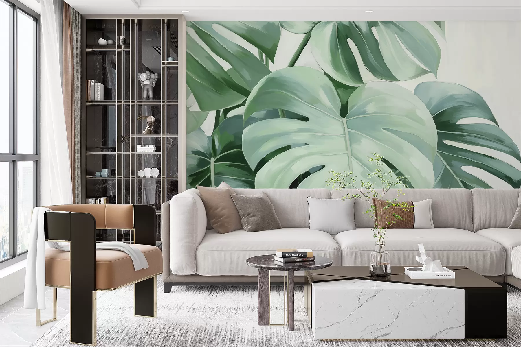 murales de pared Grandes hojas verdes de monstera tropical w08116