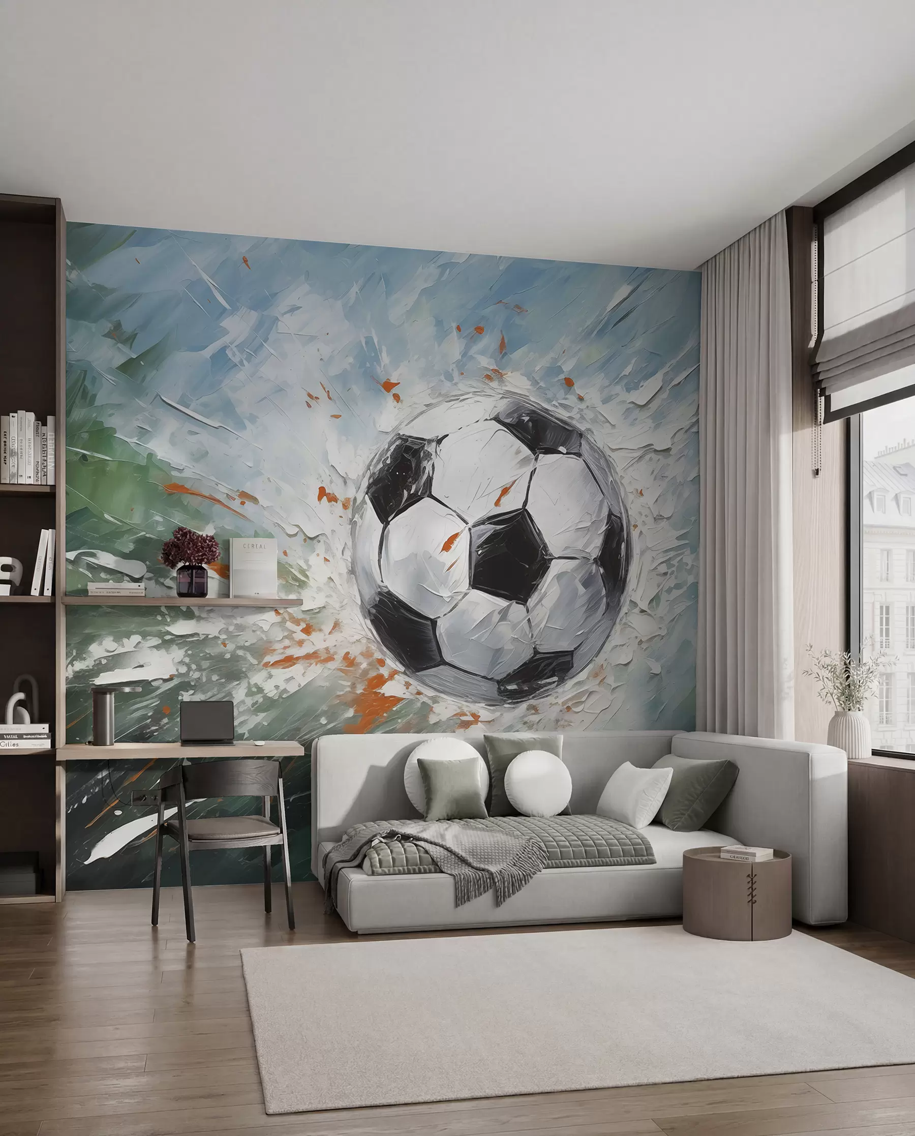 murales de pared Balón de fútbol volando pintura al óleo arte abstracto w08117