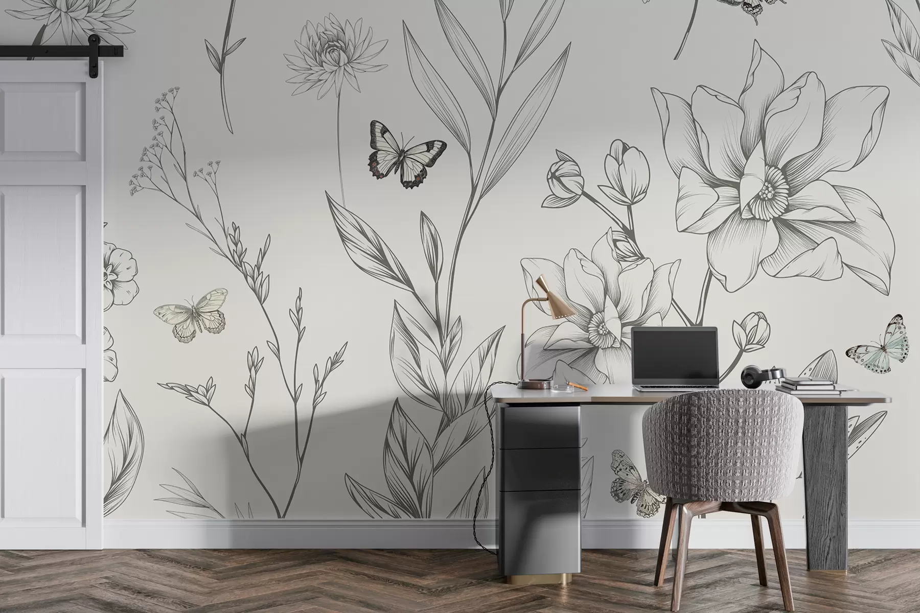 murales de pared Boho flores y mariposas monocromáticas w08088