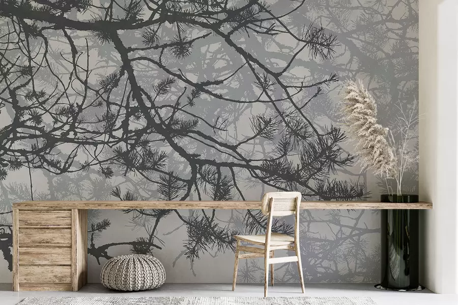 murales de pared ramas de un gran árbol en tonos grises w08166