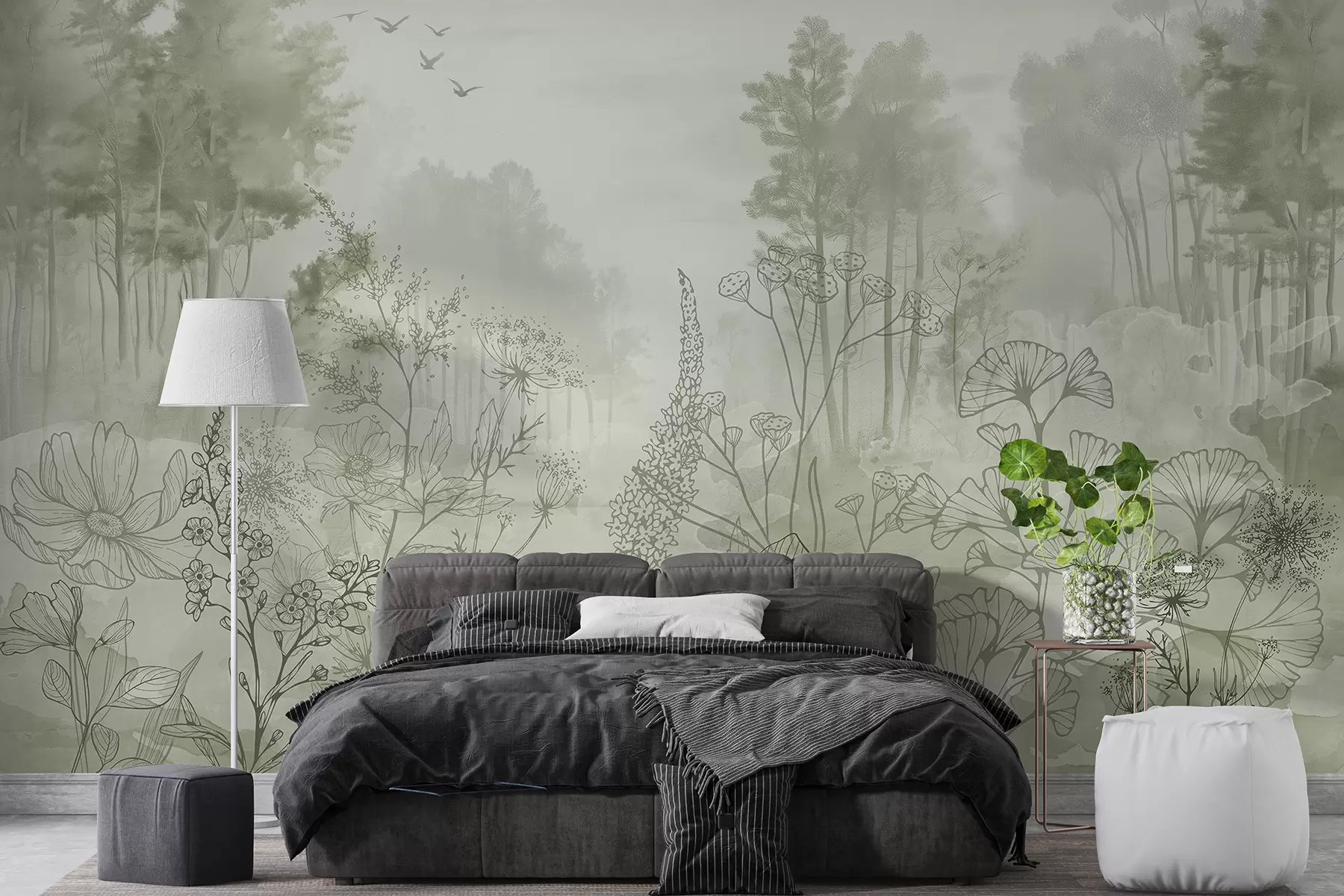 murales de pared Paisaje forestal con flores silvestres, arte lineal, realismo, árboles, naturaleza, paleta de colores verdes w08142v1