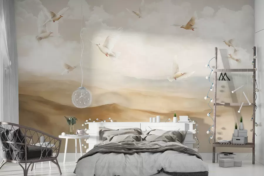 murales de pared Pájaros volando en el cielo con nubes, paisaje natural, dibujo acrílico, colores beige pastel w08143