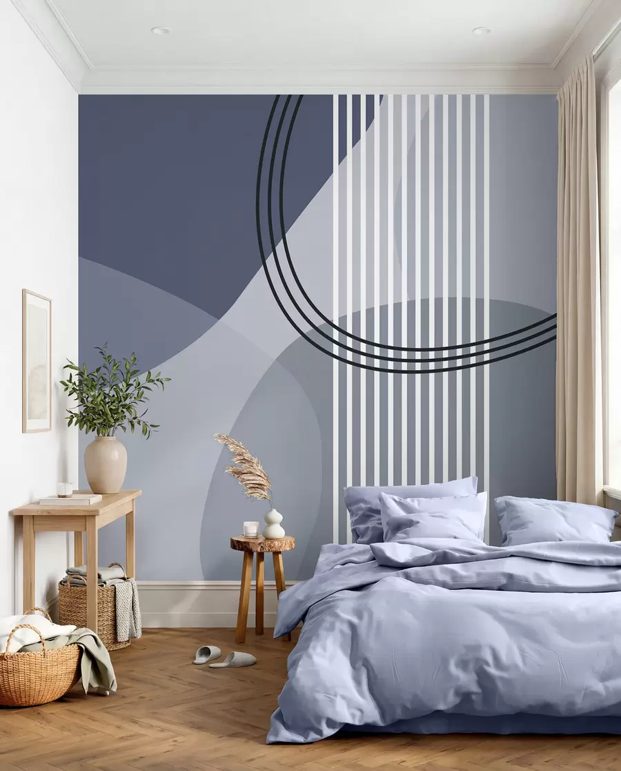 murales de pared Línea de abstracción geométrica y círculo minimalista estilo moderno color azul w08173v2