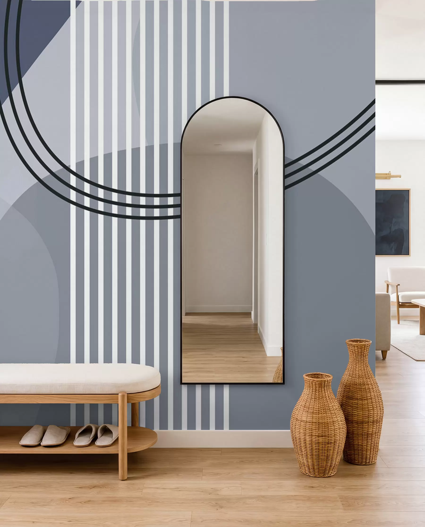 murales de pared Línea de abstracción geométrica y círculo minimalista estilo moderno color azul w08173v2