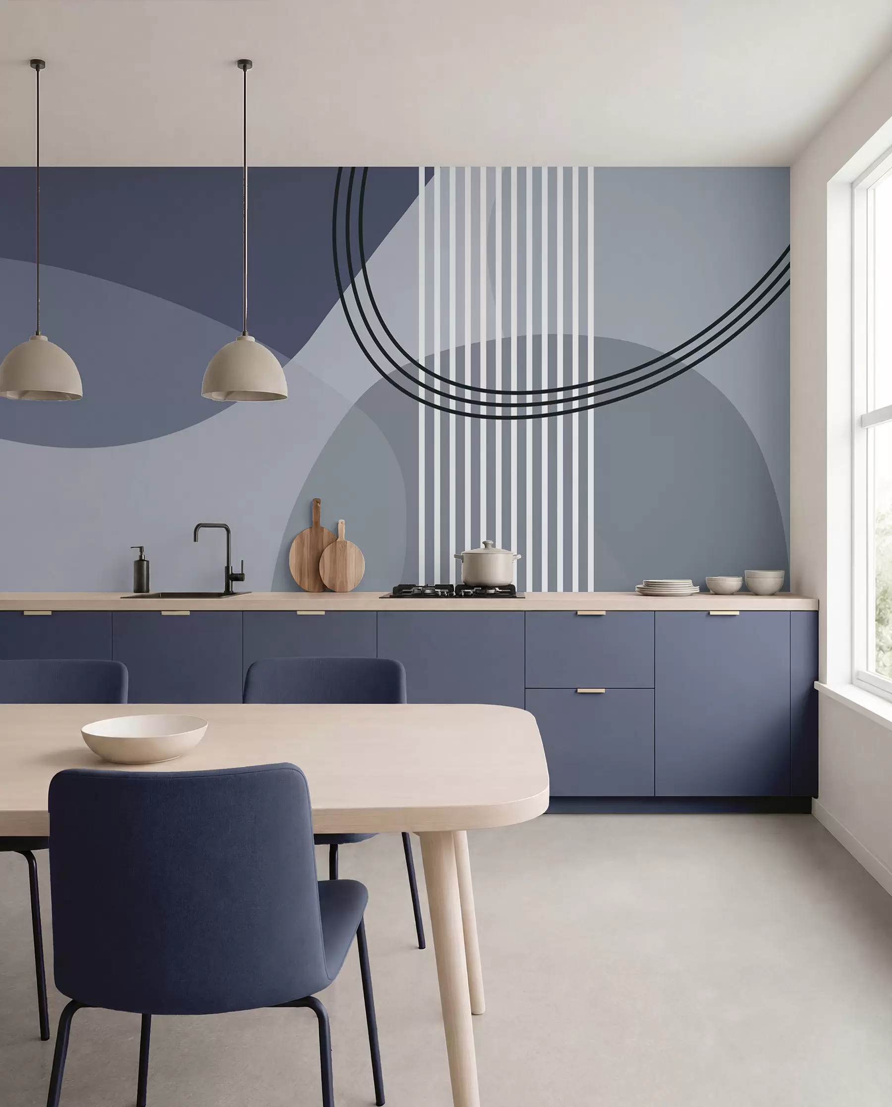 murales de pared Línea de abstracción geométrica y círculo minimalista estilo moderno color azul w08173v2