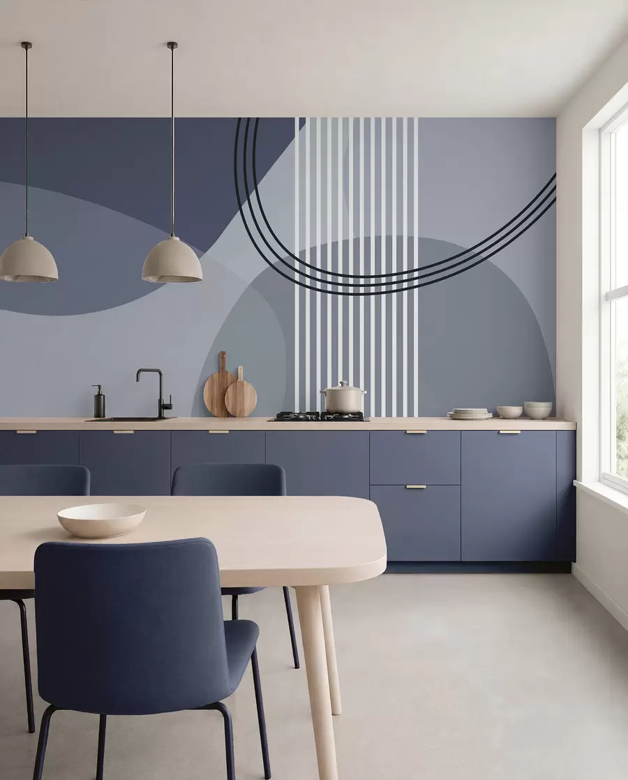 murales de pared Línea de abstracción geométrica y círculo minimalista estilo moderno color azul w08173v2
