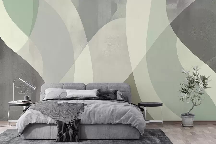 murales de pared Curvas suaves en tonos apagados con líneas fluidas y degradados verdes, minimalista y moderno w01334