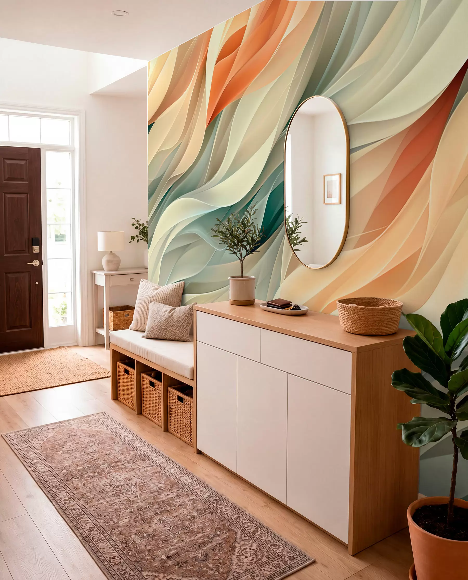 murales de pared Fascinante diseño abstracto con suaves ondas pastel en colores cálidos w01335v1
