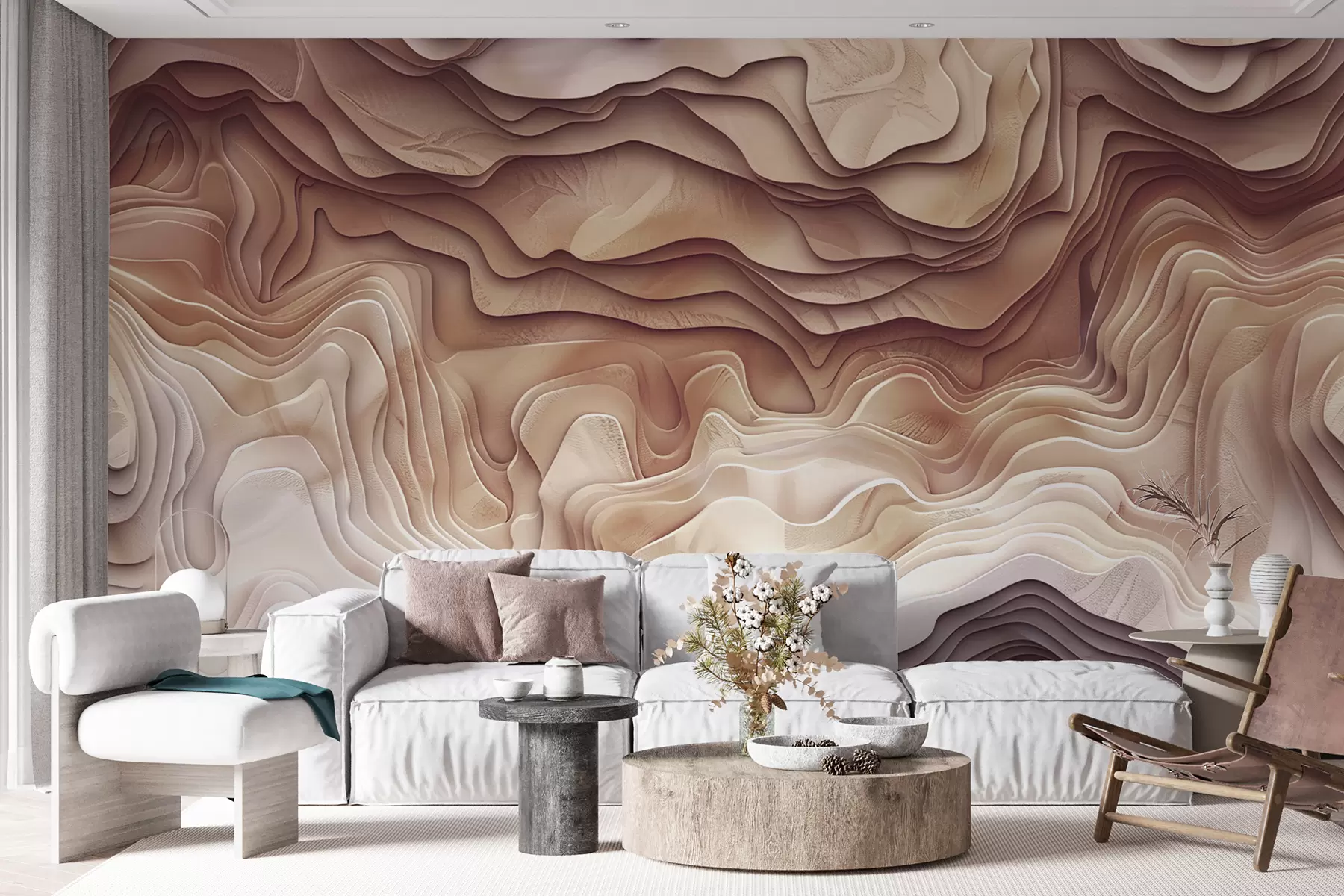 murales de pared Mapa topográfico 3D con contornos de relieve en tonos rosa claro w01337