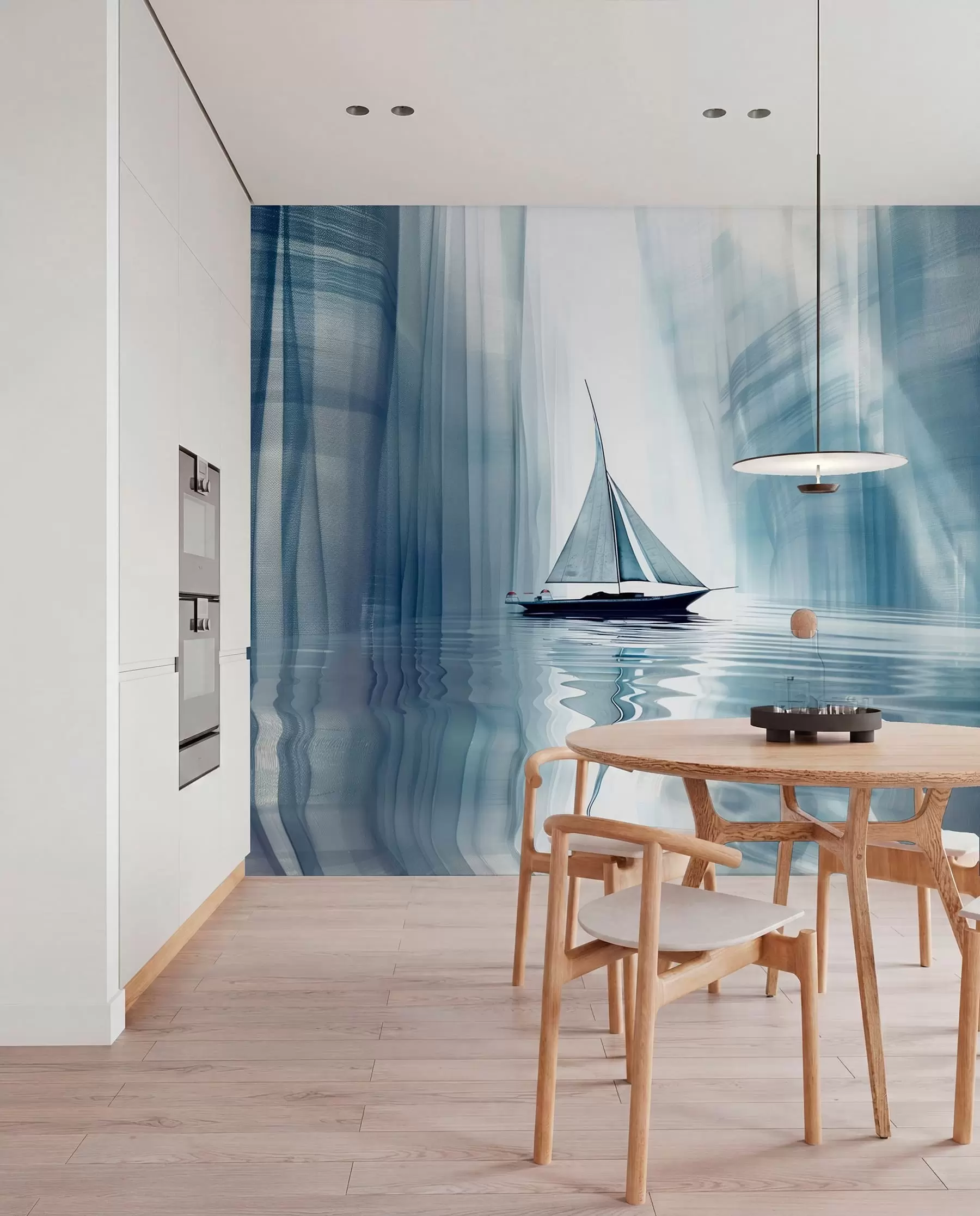 murales de pared Barco en el agua en estilo futurista con colores azules w01338
