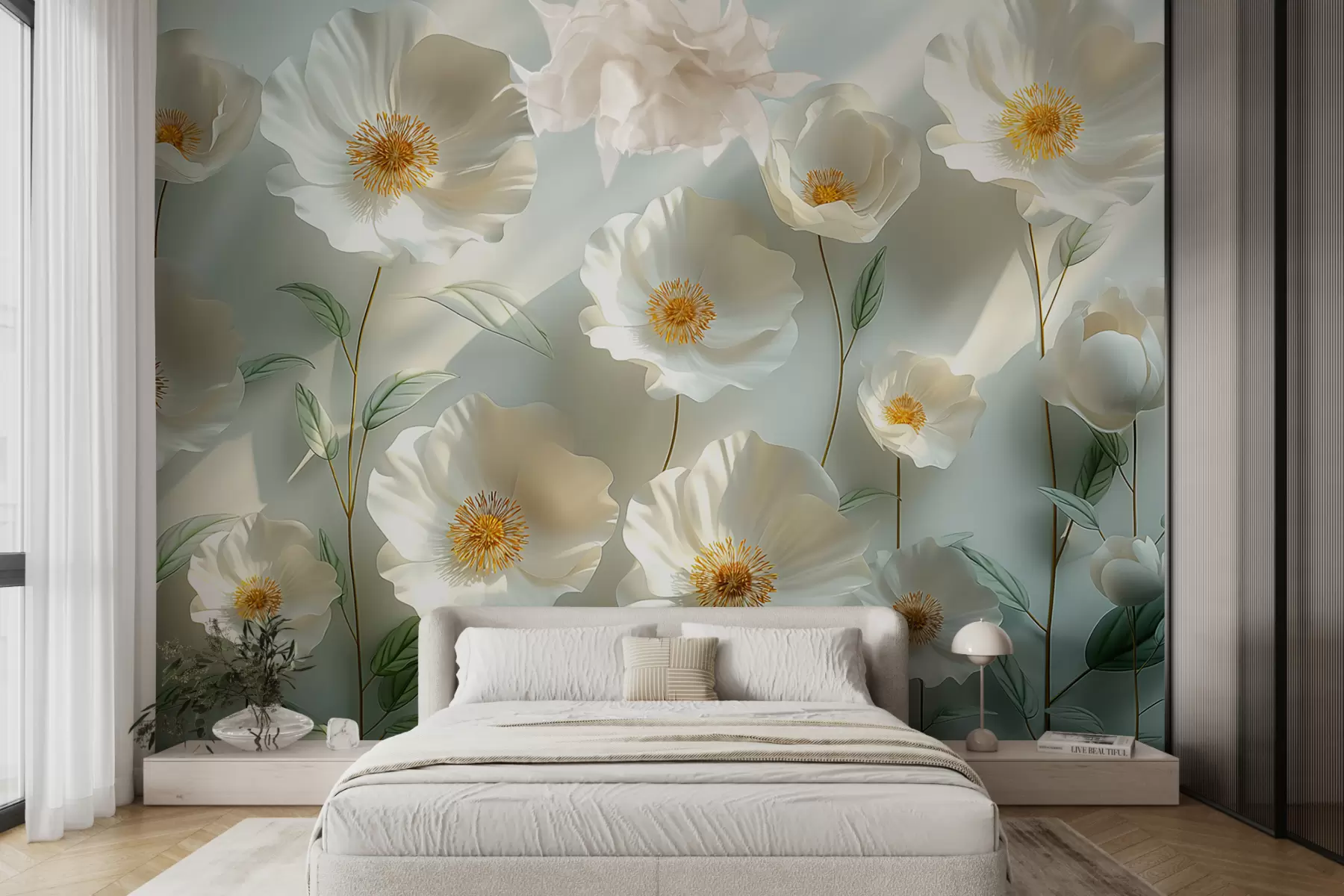 murales de pared Amapolas blancas contra una pared con luz solar y efecto 3D w01339