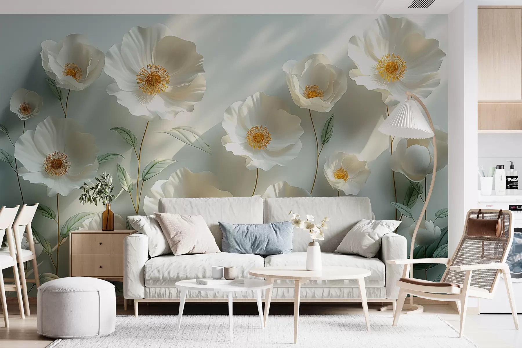 murales de pared Amapolas blancas contra una pared con luz solar y efecto 3D w01339
