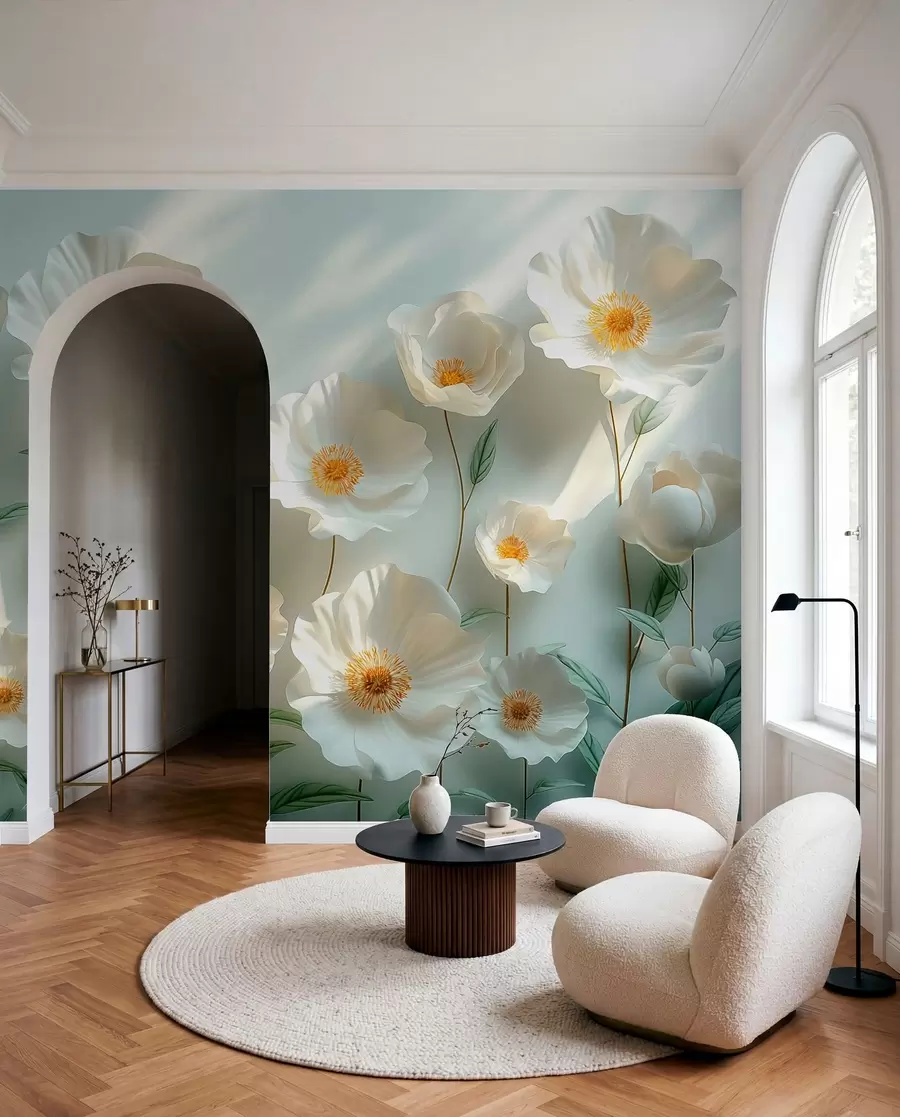 murales de pared Amapolas blancas contra una pared con luz solar y efecto 3D w01339