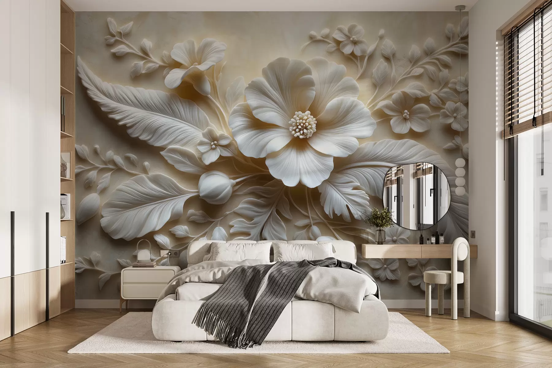 murales de pared Arte de pared en relieve 3D con plumas y flores, con una gran amapola en colores beige w01340