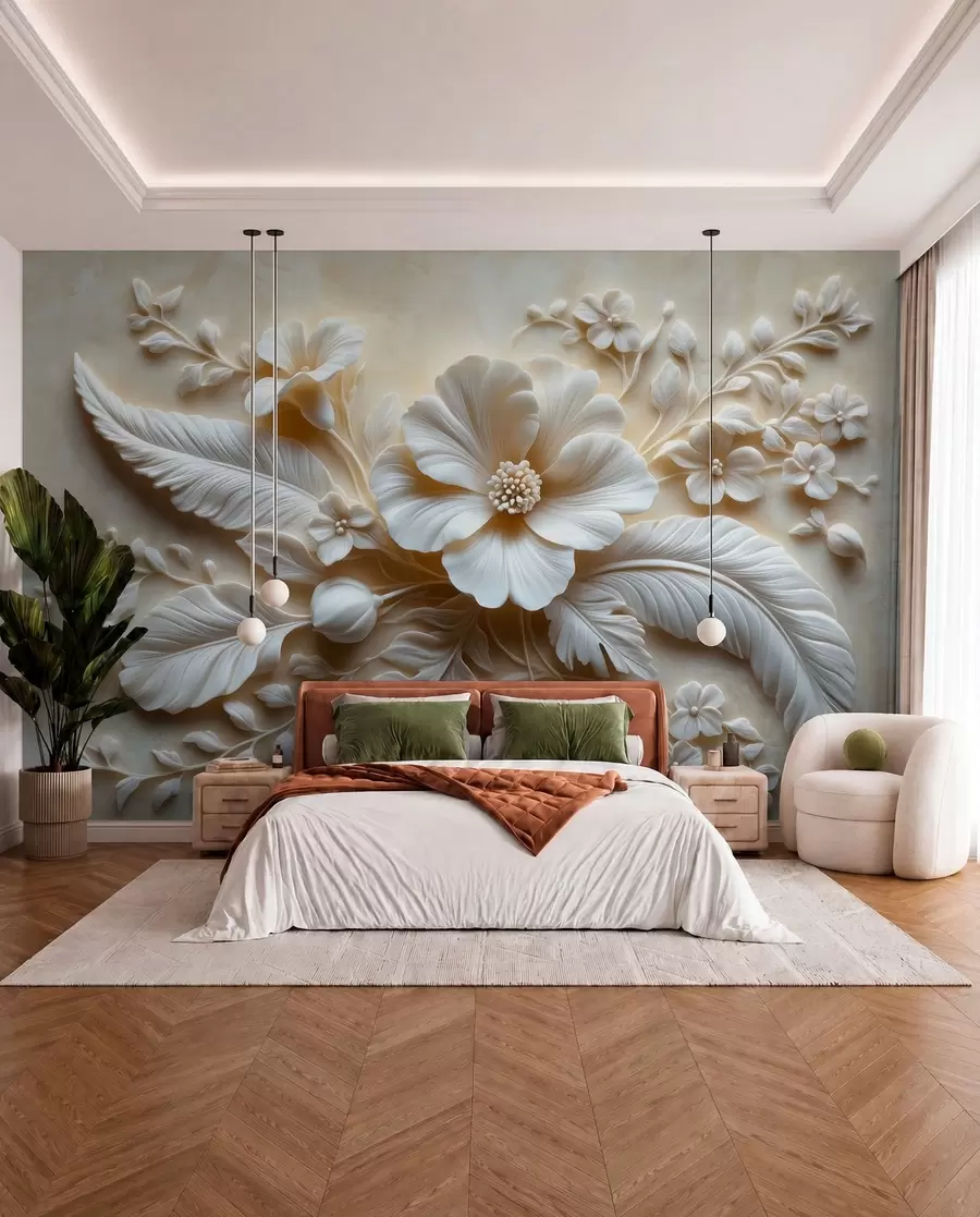 murales de pared Arte de pared en relieve 3D con plumas y flores, con una gran amapola en colores beige w01340