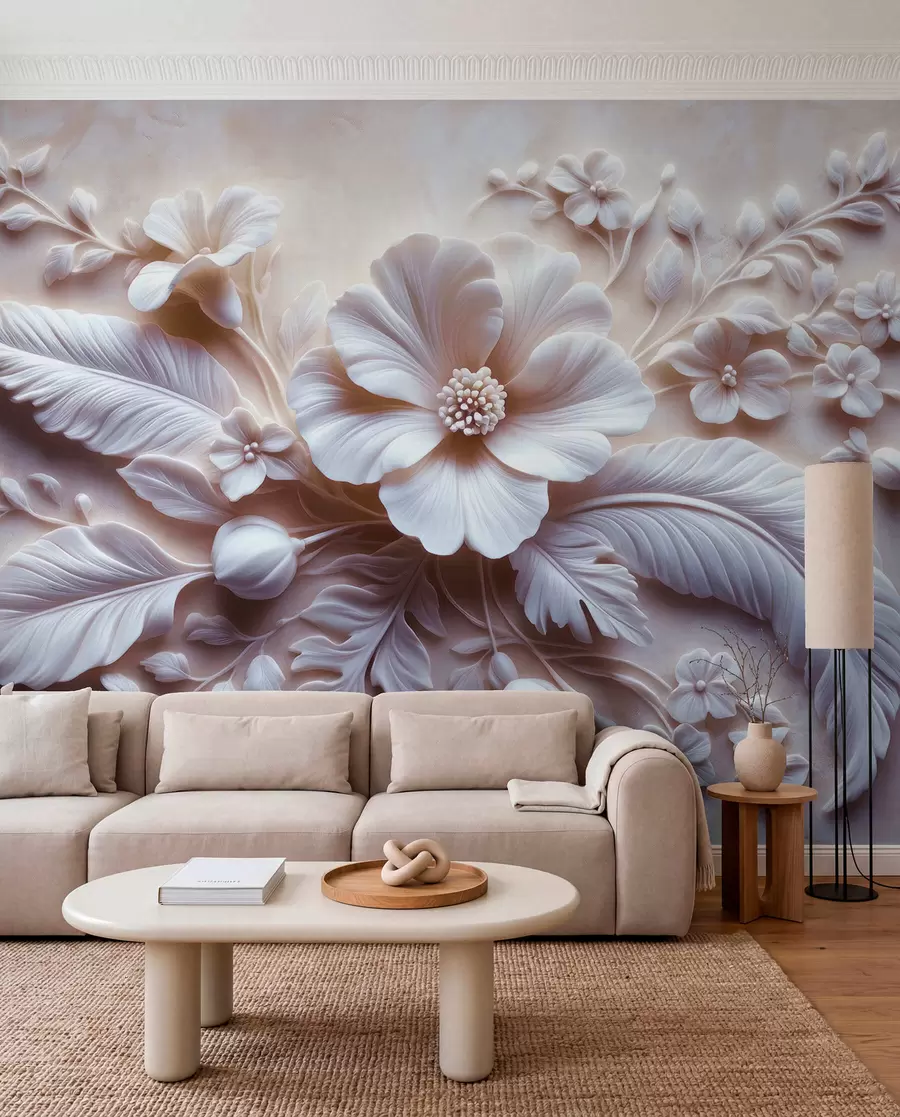 murales de pared Arte de pared en relieve 3D con plumas y flores, con una gran amapola en colores rosa claro w01340v1