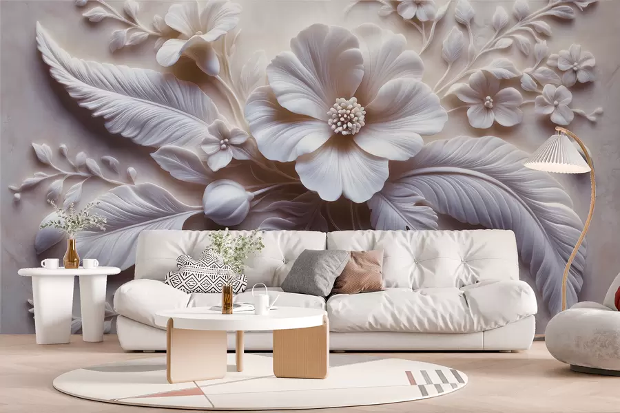murales de pared Arte de pared en relieve 3D con plumas y flores, con una gran amapola en colores rosa claro w01340v1