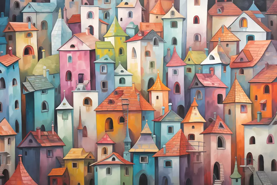 murales de pared Pintura de imitación de casas coloridas y brillantes con pinceladas w00946