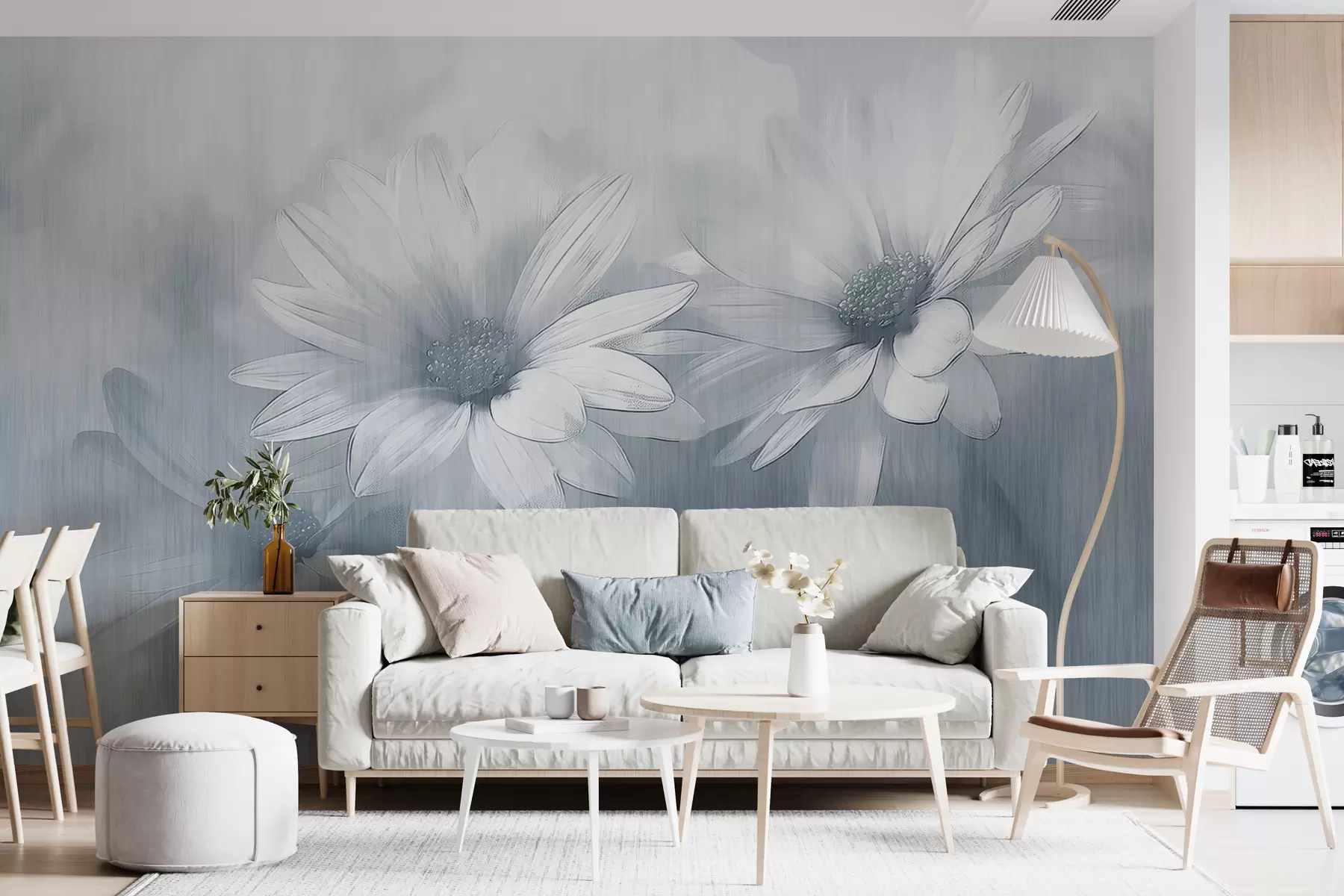 murales de pared flores grandes en una pared con textura en color azul w01374v1