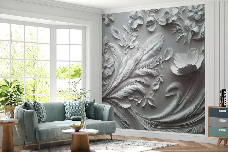 murales de pared Exquisitas flores y hojas en relieve en tonos grises w01356v2
