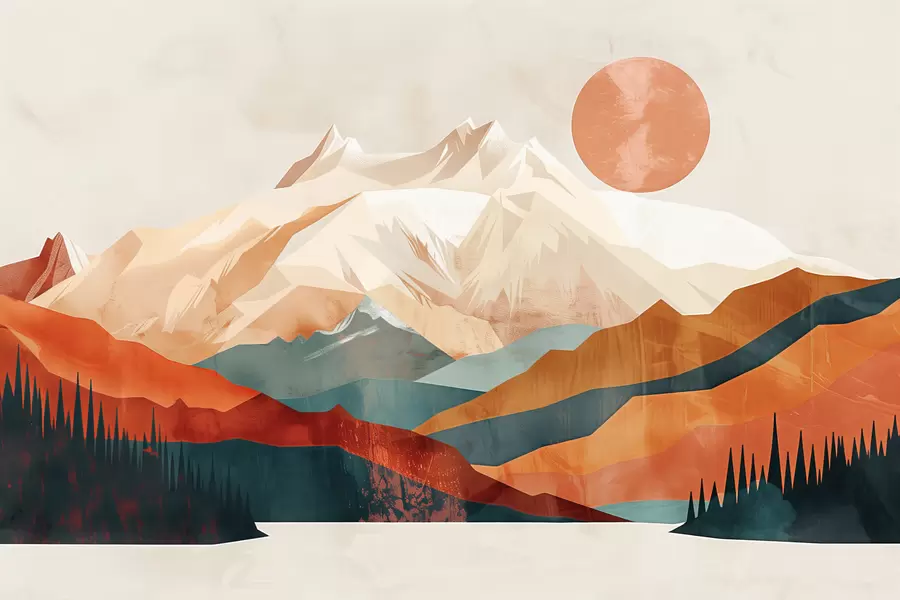 murales de pared Felicidad boho: un paisaje sereno de montañas, árboles y sol w01358