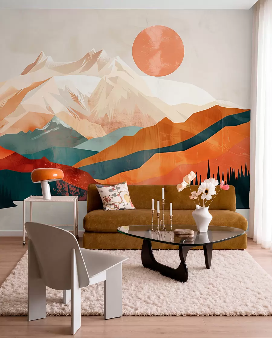murales de pared Felicidad boho: un paisaje sereno de montañas, árboles y sol w01358