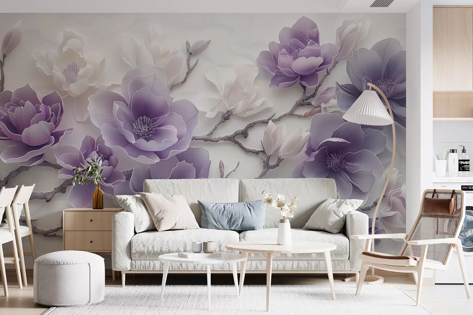 murales de pared Flores de magnolia con relieve morado en una rama elegante w01359