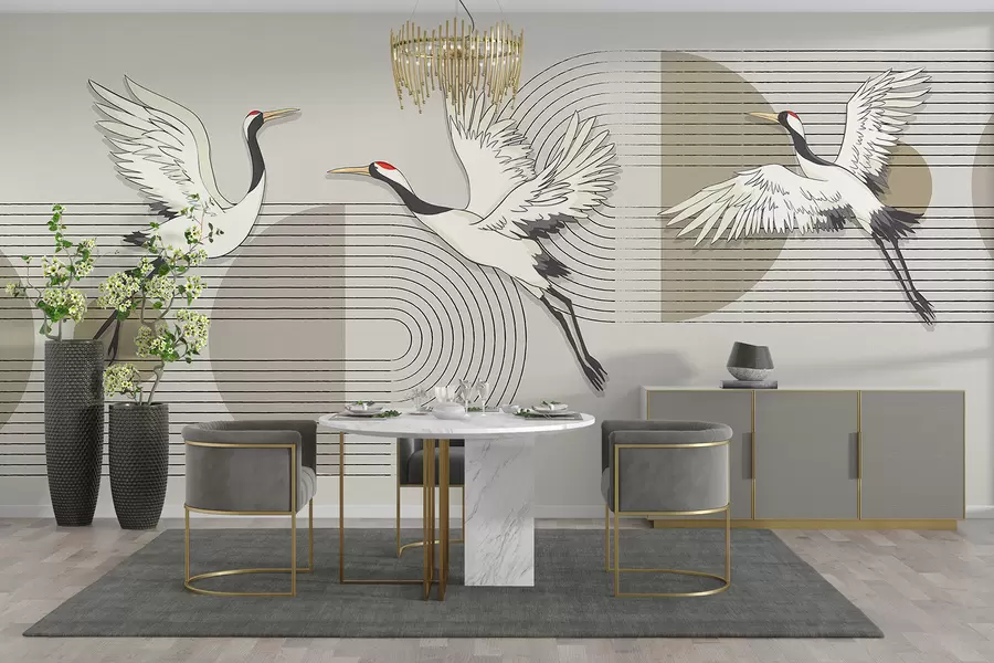 murales de pared Tres grullas blancas en vuelo sobre un fondo geométrico minimalista con círculos concéntricos w08188