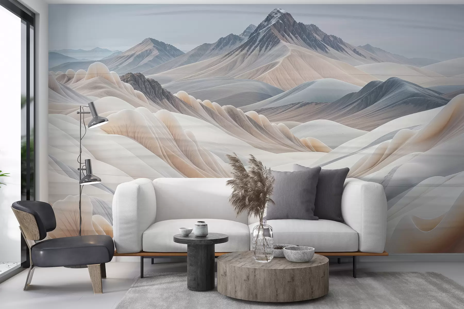 murales de pared Impresión de paisaje montañoso con picos nevados en tonos beige de estética minimalista w08191