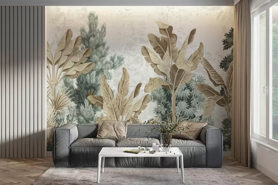 murales de pared Un estampado de follaje tropical exuberante con hojas verdes y marrones, palmeras y otras plantas exóticas w08200