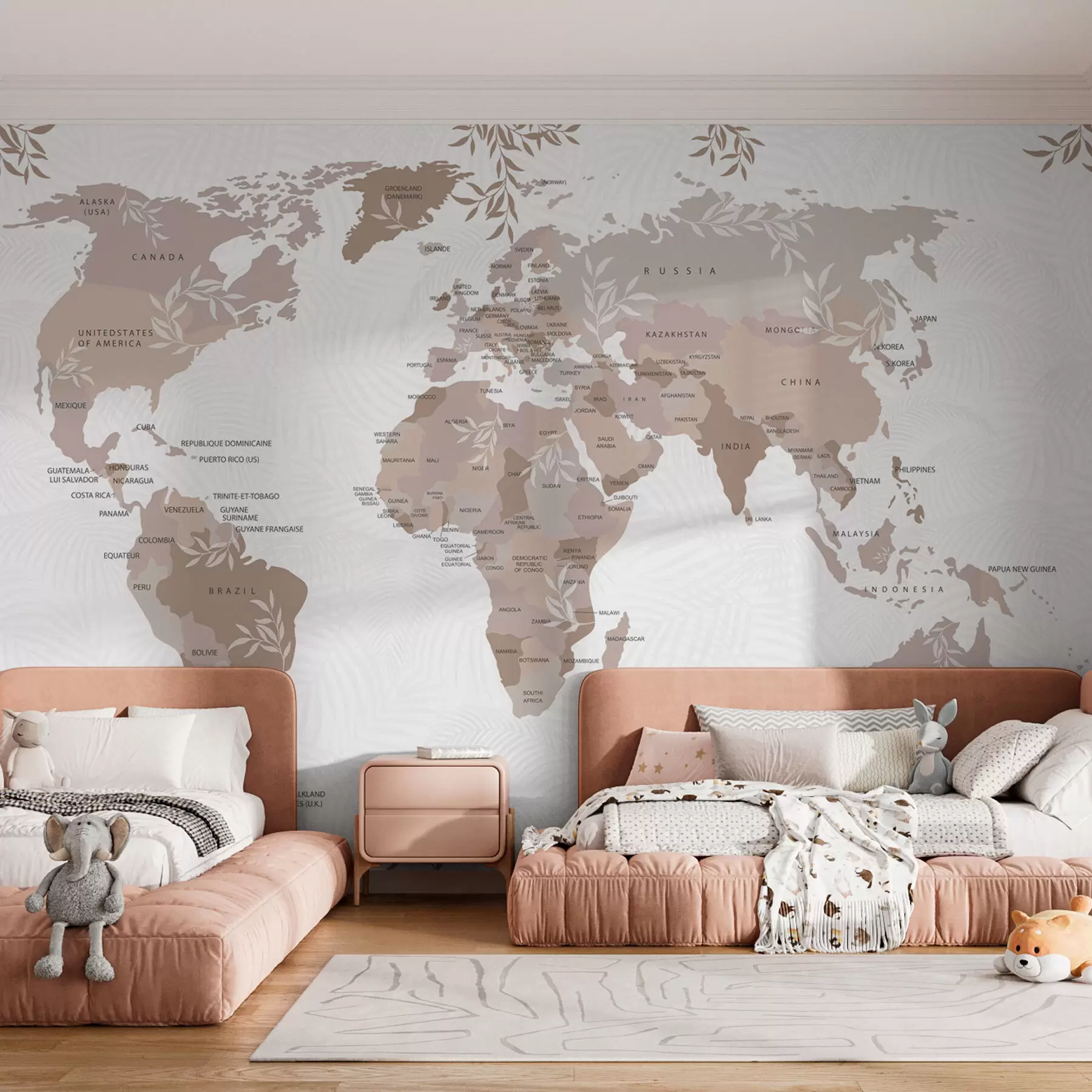 murales de pared Mapa del mundo elegante con hojas y plantas w08211