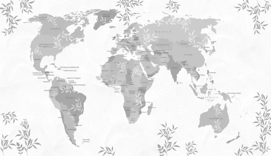 murales de pared Mapa del mundo elegante con hojas y plantas en color gris w08211v2