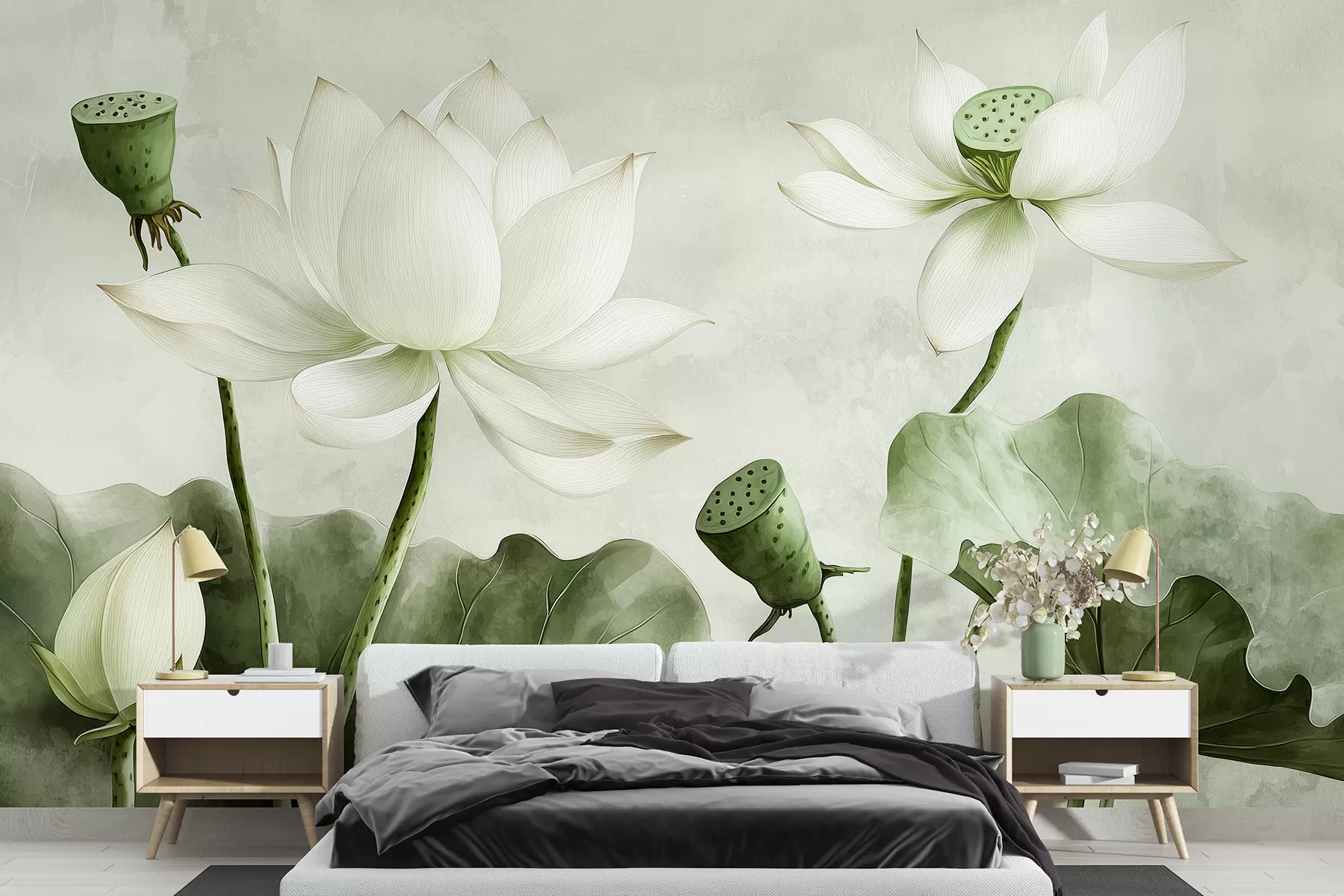 murales de pared Flores de loto, acuarela, naturaleza, composición floral, hojas grandes, colores verdes suaves w01445v2