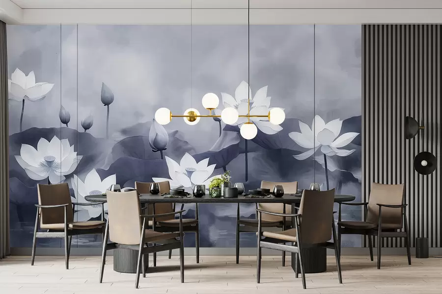 murales de pared Lotos en el lago, naturaleza, niebla, dibujo acrílico, hojas grandes, jungla, colores grises suaves w01450v1
