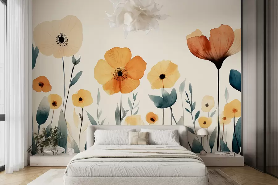 murales de pared Acuarela de flores de prado, rústica, composición floral, dibujo sencillo, beige, naranja, azul w01453