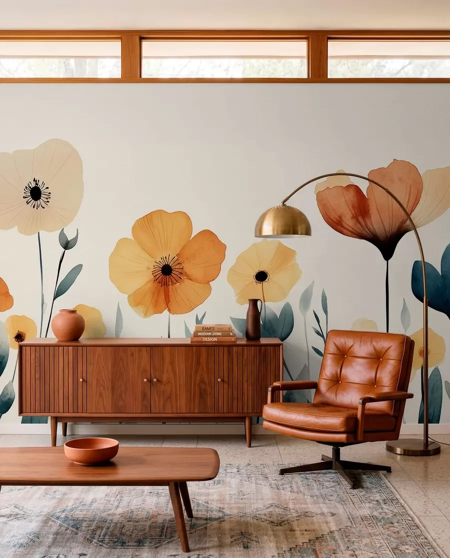 murales de pared Acuarela de flores de prado, rústica, composición floral, dibujo sencillo, beige, naranja, azul w01453