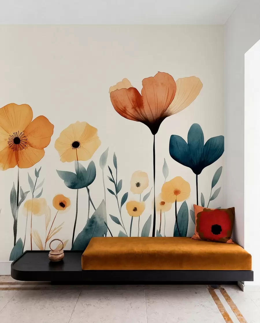 murales de pared Acuarela de flores de prado, rústica, composición floral, dibujo sencillo, beige, naranja, azul w01453