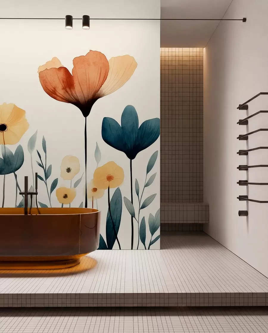 murales de pared Acuarela de flores de prado, rústica, composición floral, dibujo sencillo, beige, naranja, azul w01453