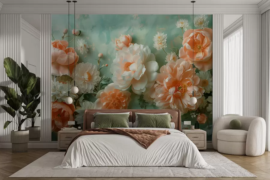 murales de pared Suave composición de peonías y crisantemos sobre un fondo esmeralda w01426