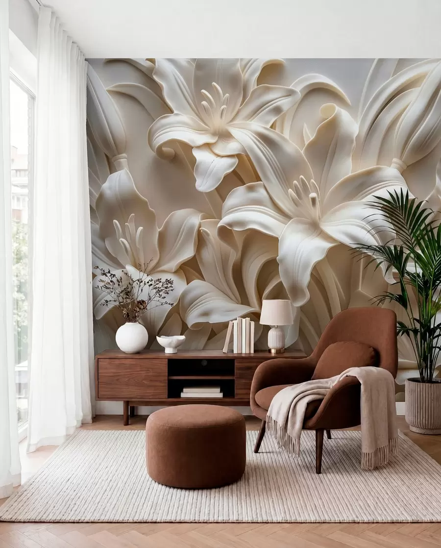 murales de pared Elegante relieve tridimensional de color beige de lirios tallados w01433