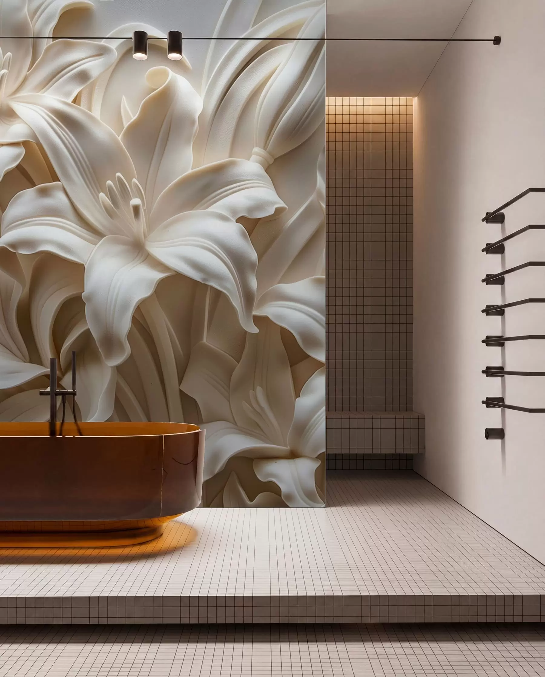 murales de pared Elegante relieve tridimensional de color beige de lirios tallados w01433