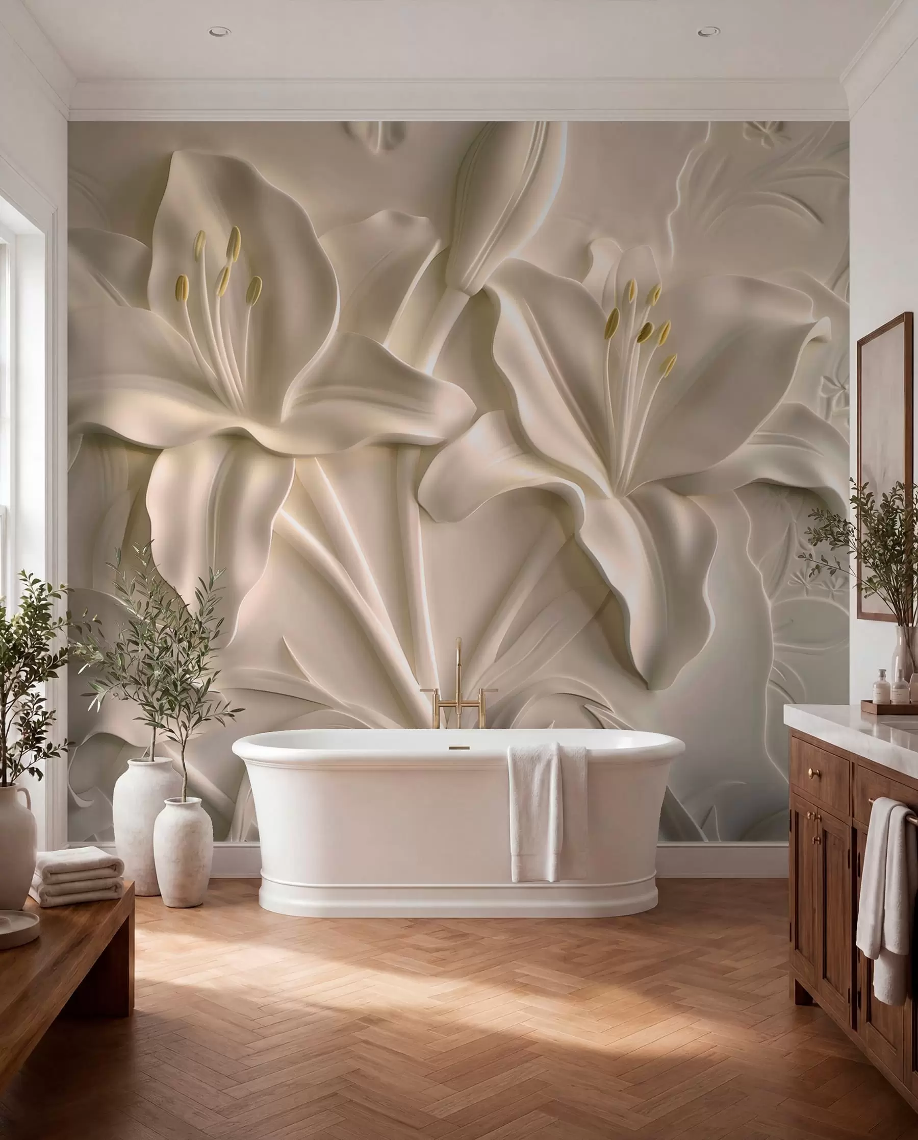 murales de pared Bajorrelieve de grandes lirios beige w01434
